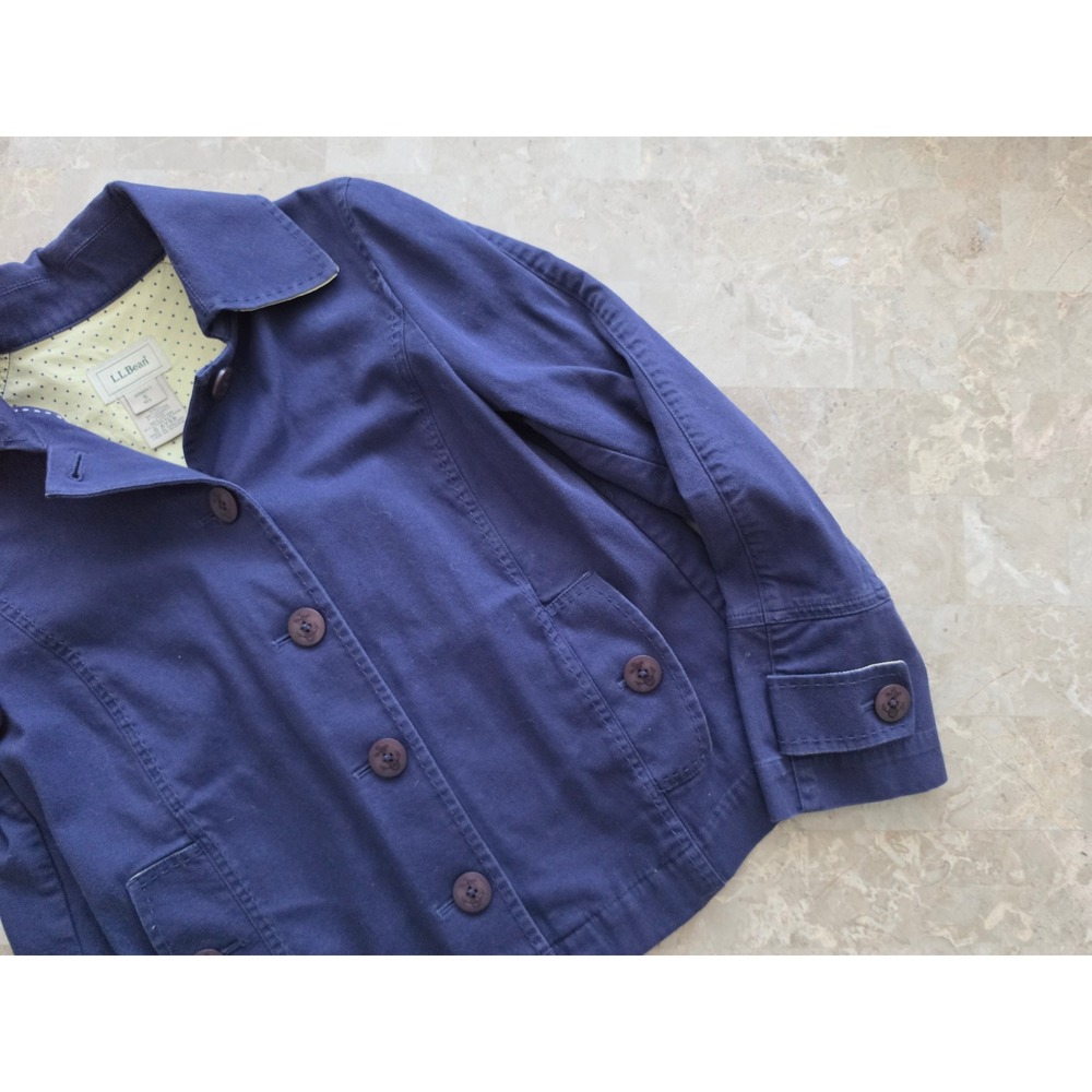 LL Bean Womens Navy Blue Nautical Anchor Utility Jacket Polka Dot Lining Small